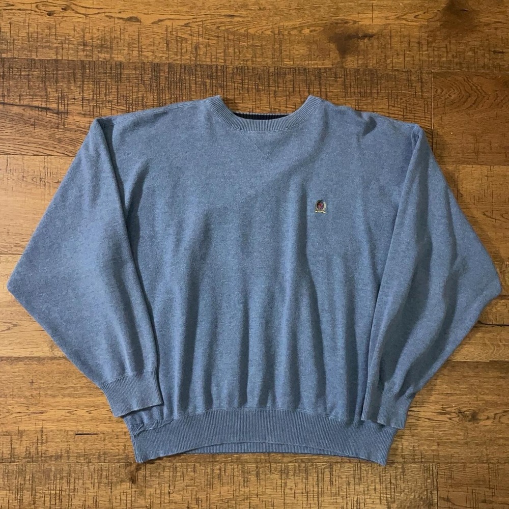 Tommy Hilfiger Sweater Mens XL Blue Preppy Vintage 90s Crest Knit Crewneck